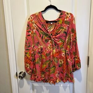 BUNGALOW Tropical Floral Print Twist Front Peplum‎ Blouse Womens Size L